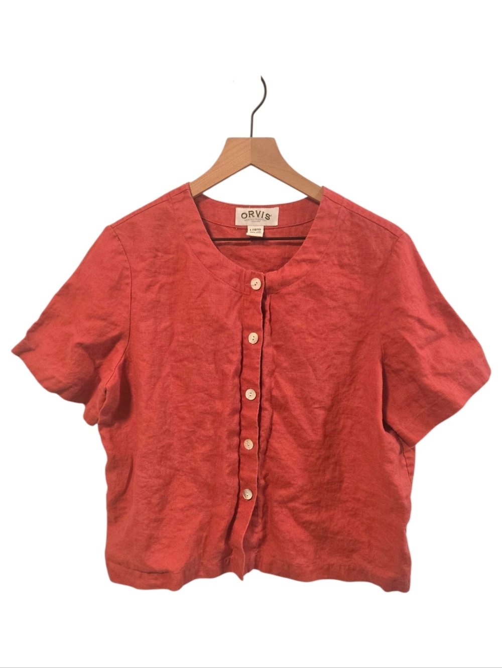 Orvis Vintage 90s Linen Coral Red Pink Button Front Shirt Sleeve Top Large 12/14